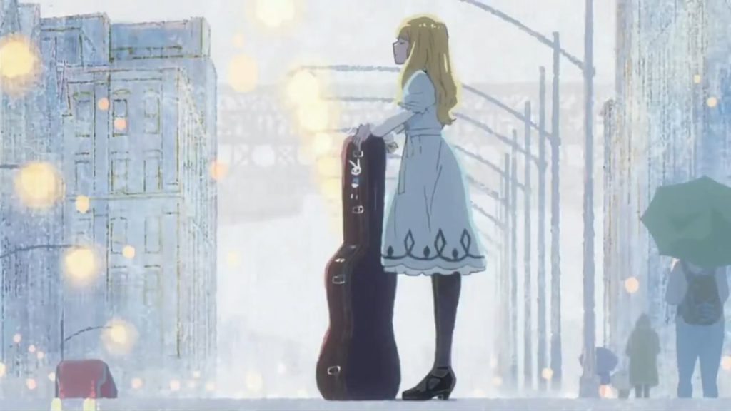 Cena do anime Carole & Tuesday com legendas em português e inglês