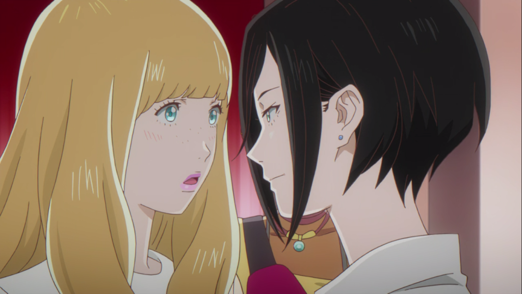 Cena do anime Carole & Tuesday com legendas em português e inglês