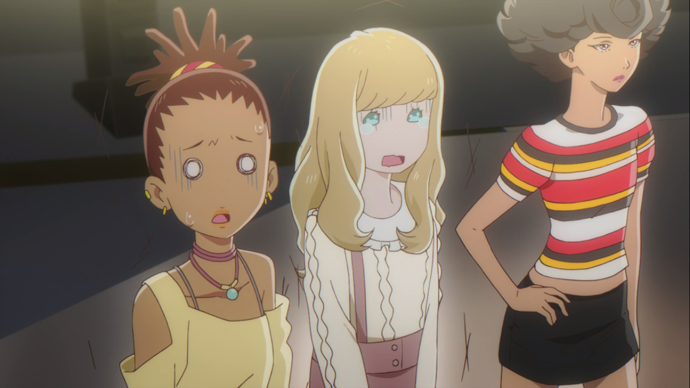 Cena do anime Carole & Tuesday com legendas em português e inglês